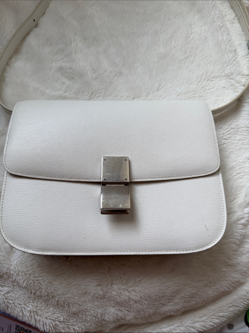 Celine White Leather Shoulder Bag with Silver Hardware